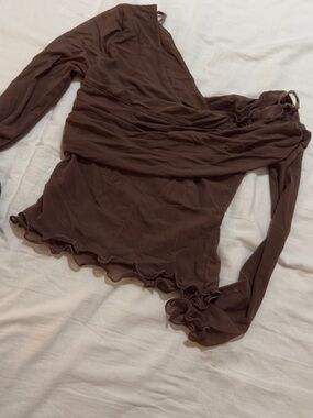 Free People Brown Sheer Ruched Long Sleeve Top